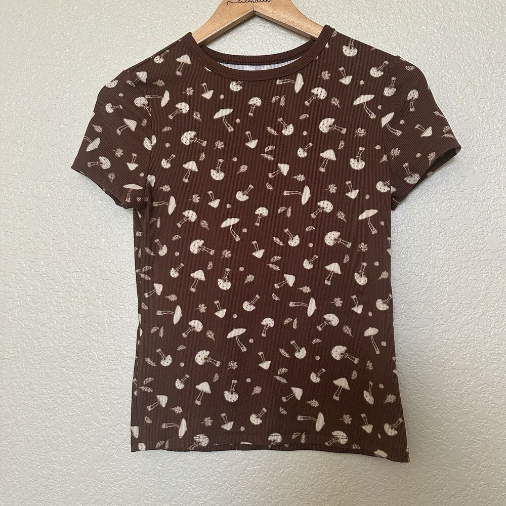 No Boundaries T Shirt‎ Womens Junior’s Large Brown Mushrooms Short Sleeve Medium